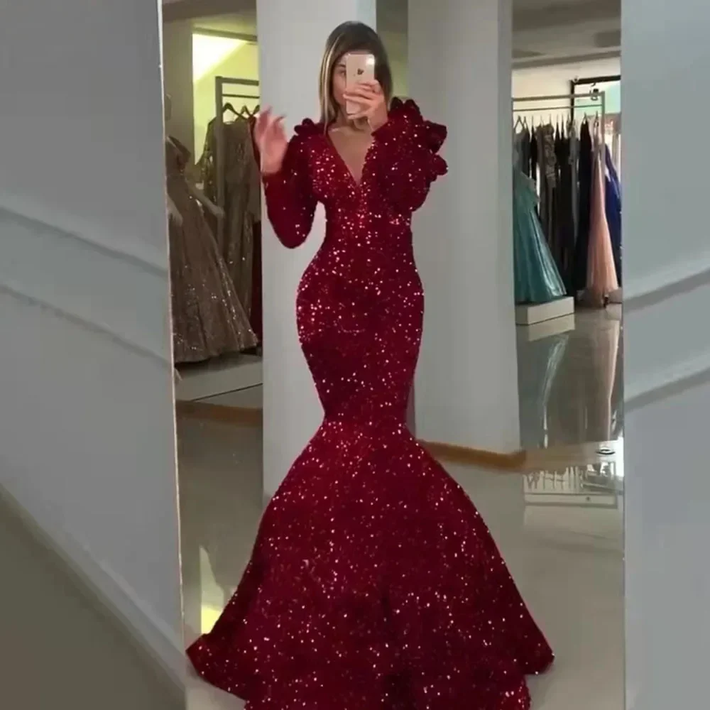 

Sexy Burgundy Sequined Mermaid Prom Dresses Long Sleeves 2024 V-neck Backless Women Formal Prom Evening Gowns vestidos de fiesta