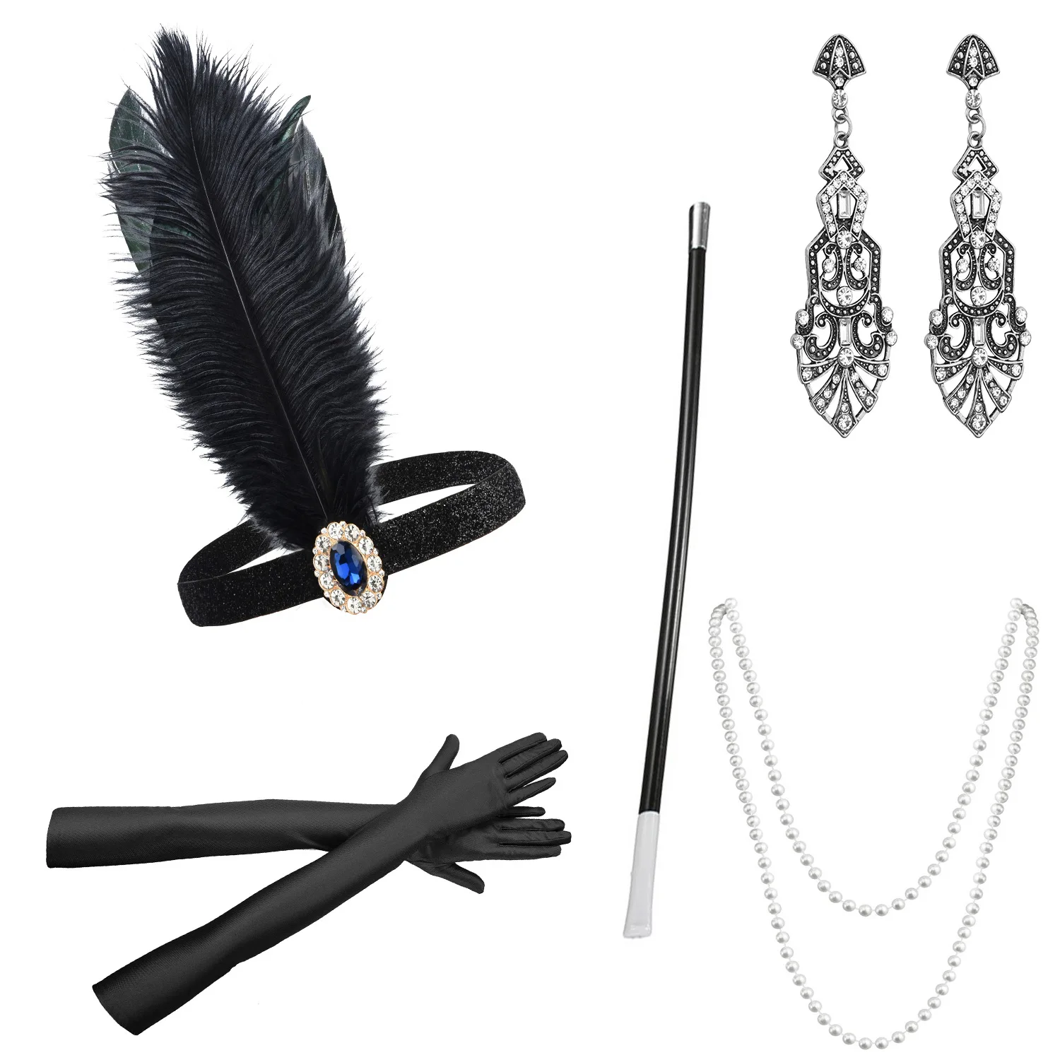 Set Accessori Anni '20 - Fascia, Guanti Lunghi, Collana Perle, Bastone - Per Feste Gatsby, Vintage, Costume