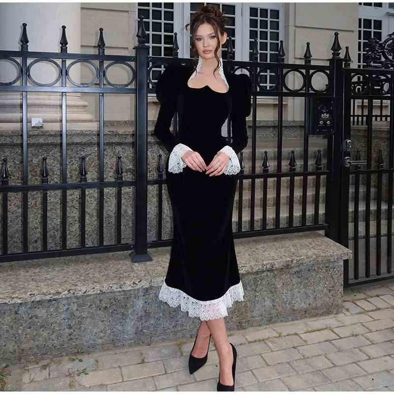 Vintage Floral Square Collar Long Dresses Women Elegant Puff Sleeve Lace Patchwork Maxi Dress Female Spring Chic Street Evening