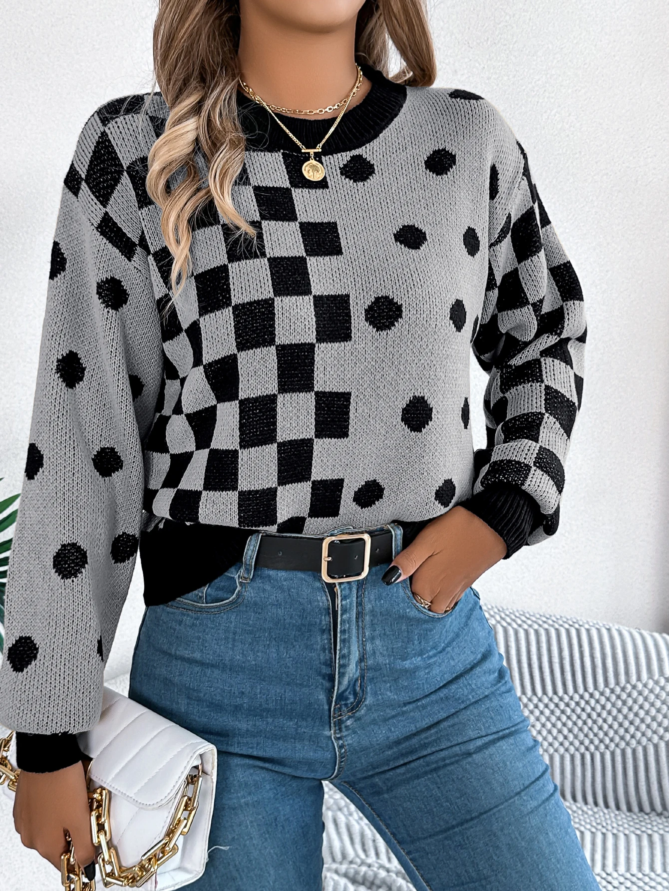 Autumn Winter Grid Dot Long Sleeved Pullover Sweater for Women
