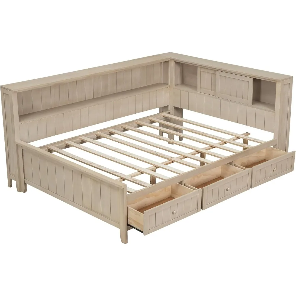 Full Size Daybed, Wood Full Daybed Frame with Storage Shelves and 3 Drawers, Antique White Milk 6