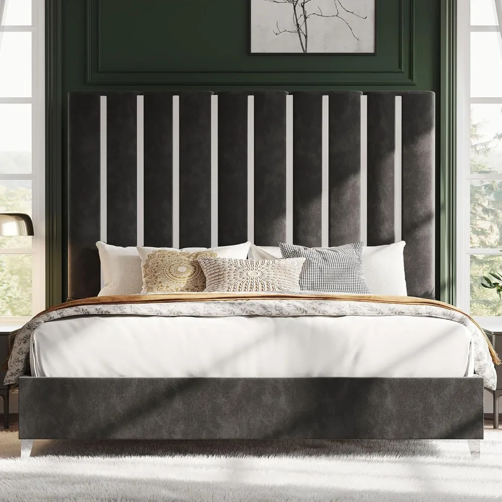 Queen Size Bed Frame with Headboard,Velvet Upholstered Bed Frame with Silver Plating Trim,Sturdy Platform Beds No Box Spring 5