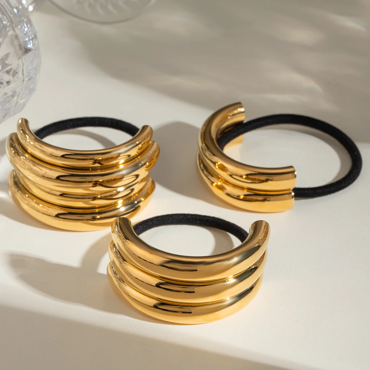 Stainless Steel 18K Gold Plated U-shaped Multi-layer Hollow Steel Tube Black Rubber Hair Bands Hair Rope Ponytails Buckle