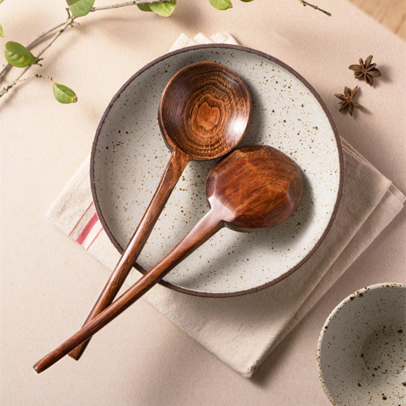 Round Long Handle Ramen Wooden Spoon Japanese Tablespoons Large Soup Ladle Tableware Serving Home Kitchen Cooking Utensils