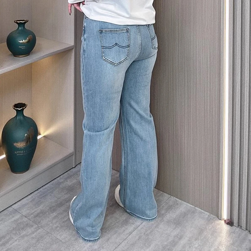 Light Blue Wash Flared Jeans For Women Plus Size 2025 New Arrival High-Waisted Slim Retro Stretch Bell-Bottom Floor-Length Pants