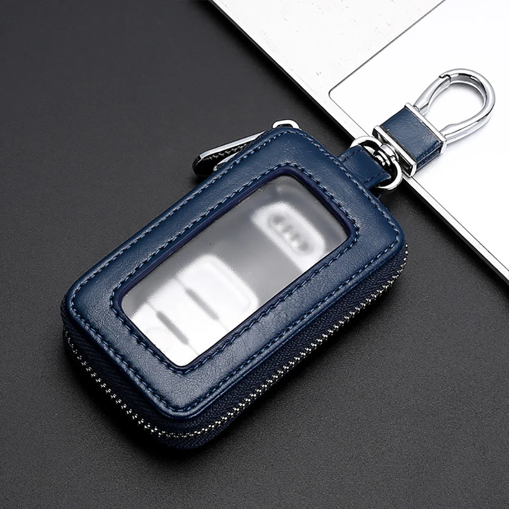 Leather Car Key Holder with Mirror Window - Retro Keyring Wallet and Zipper Pouch