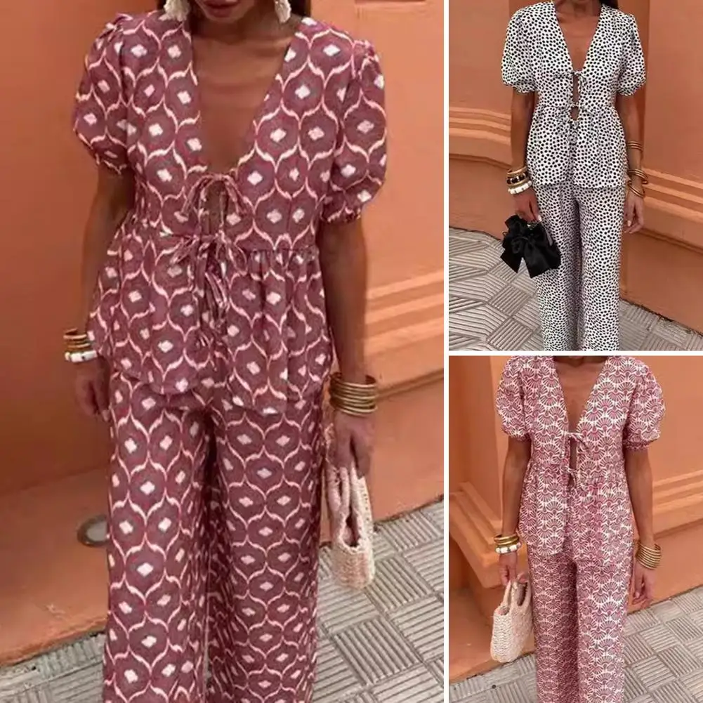 Women Two-piece Suit Chic Women's V-neck Cardigan Set Printed Short Sleeve Top Wide Leg Pants For Wear Commute Outfit V-neck