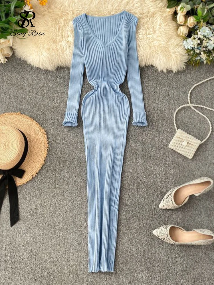 SINGRAIN Women Autumn Knitted Dress V Neck Sexy Slim Elastic Oversized Basic Bodycon Long Winter knit Warm Sweater Dresses | Женская