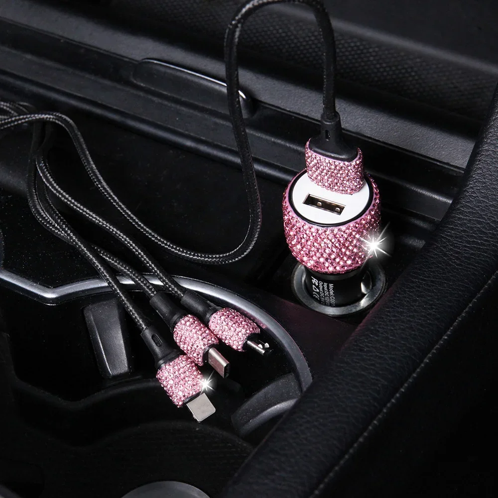 

New Bling USB Charger 5V 2.1A Dual Port Fast Adapter Pink Decor Car Styling Diamond Interior Accessories For Woman