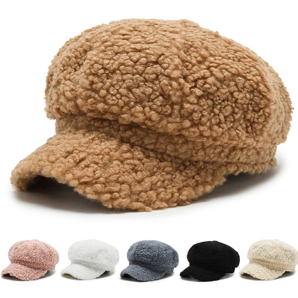 Fashion Winter Women Lambswool Octagonal Hats Thickening Beret With Brim Autumn Female Casual Keep Warm Peaked Caps