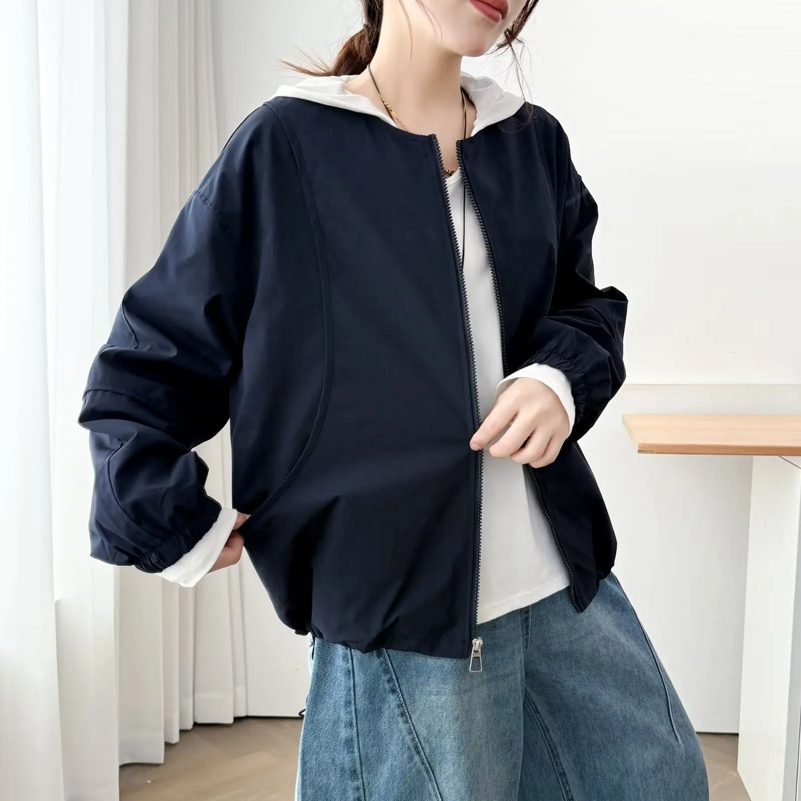 XXXXL Fashion Plus Size Women's Zipper Jacket Loose Collarless Patchwork Coat Casual Outerwear 309