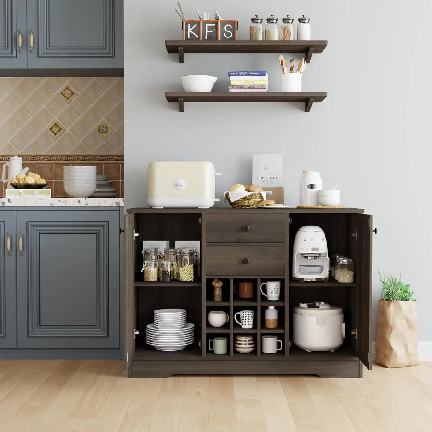 Buffet Sideboard Bar Cabinet with Storage, Farmhouse Coffee Bar Cabinet with 2 Drawers and Adjustable Shelves, 43.3&rsquo; Kitchen