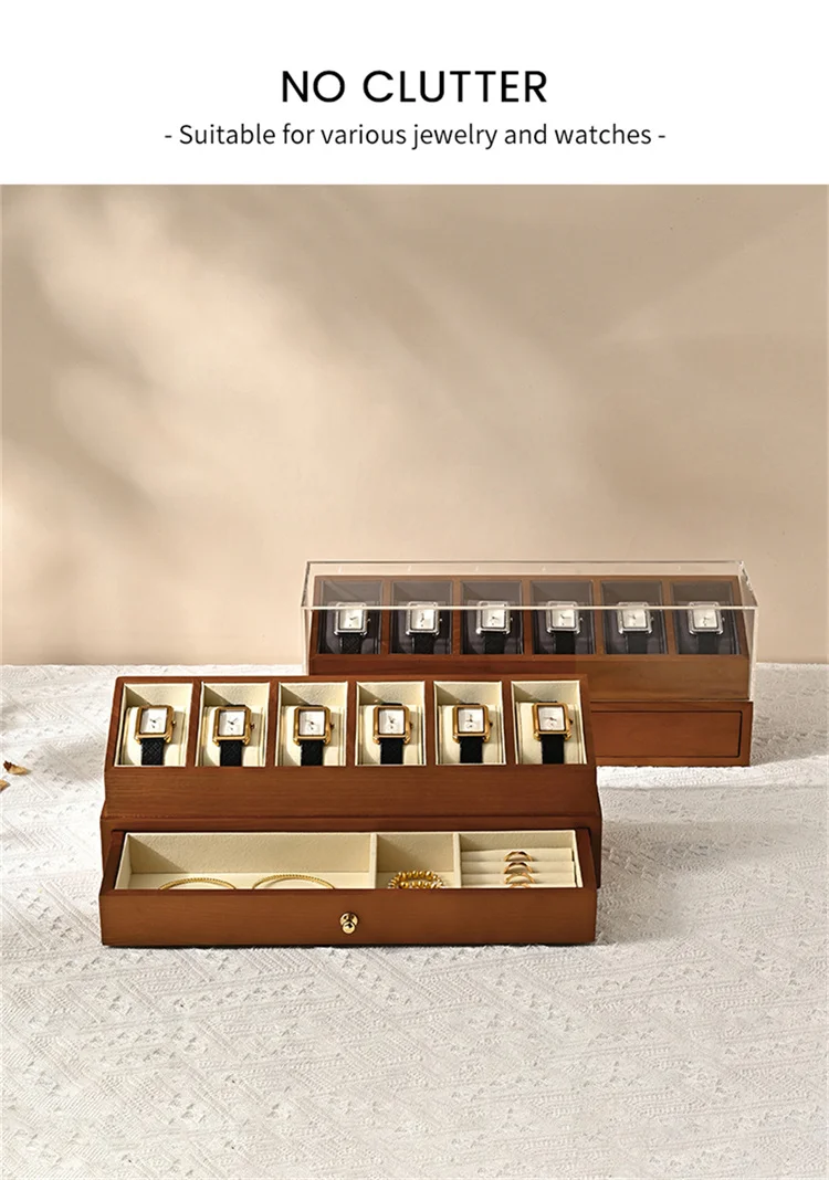 Oirlv 6 Grilds Wooden Watch Box Double-layer Jewelry Organizer Wrist Watch Display Box Dust-proof Transparent Cover Watch Case