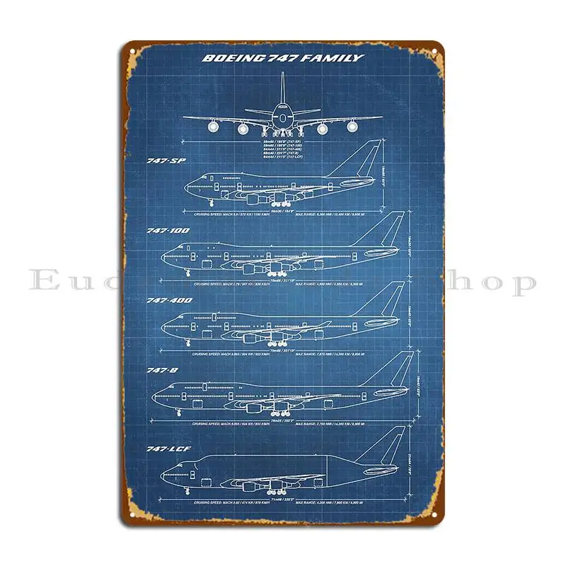 Boeing 747 Family Blueprint Light Blue Metal Sign Murale Divertente Decorazione Personalizzata Decorazione Tin Sign Poster