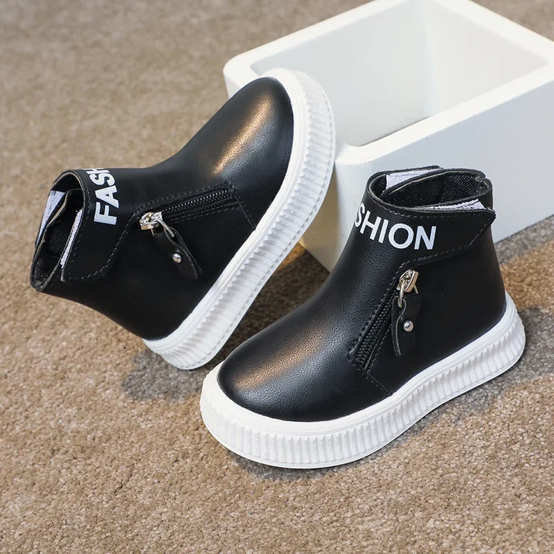 Leather Kids Boots with Side Zipper and Non Slip Sole