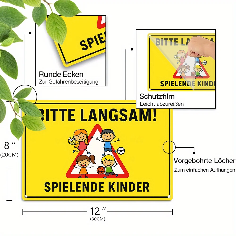 독일어로 푸비 랑삼(천천히) Spielende Kinder 금속 양철 간판, 노란색 어린이 놀이 안전 경고 벽 장식 장식판(주거용)