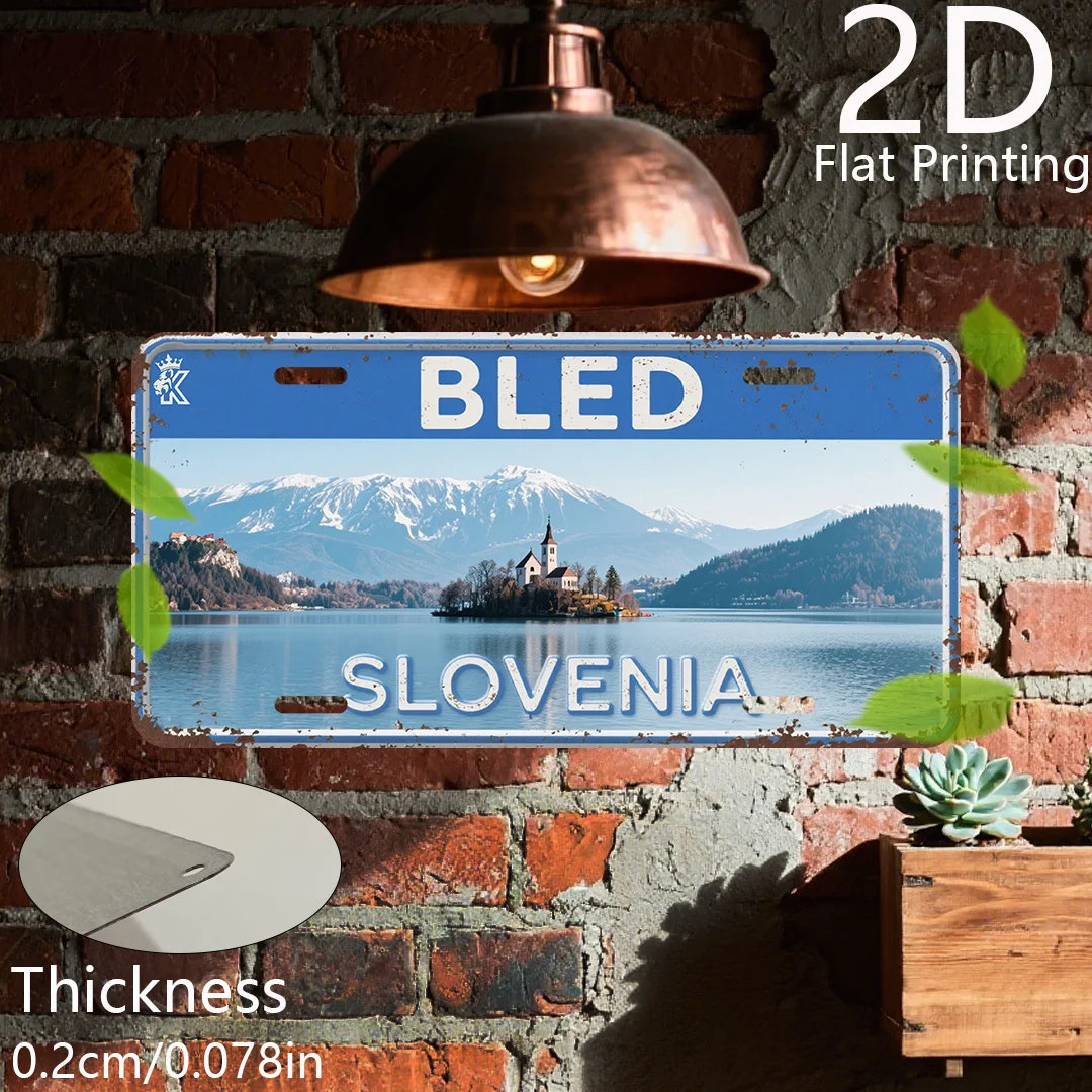 빈티지 슬로베니아 BLED SLOVENIA 호수 섬 교회 산 풍경 번호판 2D..