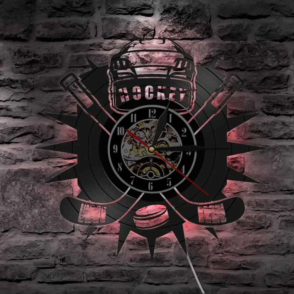 Hockey Man Cave Wall Decor Orologio Orologio Hockey Club Team Logo Bastoni Da Hockey E Puck Disco Disco In Vinile Orologio Da Parete Ventagli Da Hocke