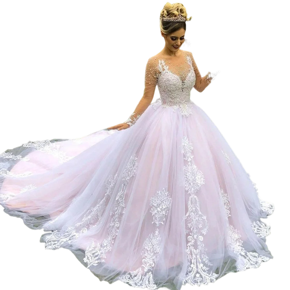 

Princess Full Pearls Ballgown Wedding Dresses Robe Lace Applique Sheer Neck Long Sleeves Garden Bridal Gowns