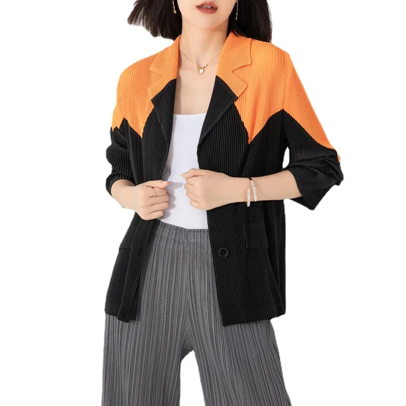 Miyake Casual Suit Jacket Women's Autumn New High-end 2023 New Contrast Color Lapel Single-breasted Pleated Temperament Top
