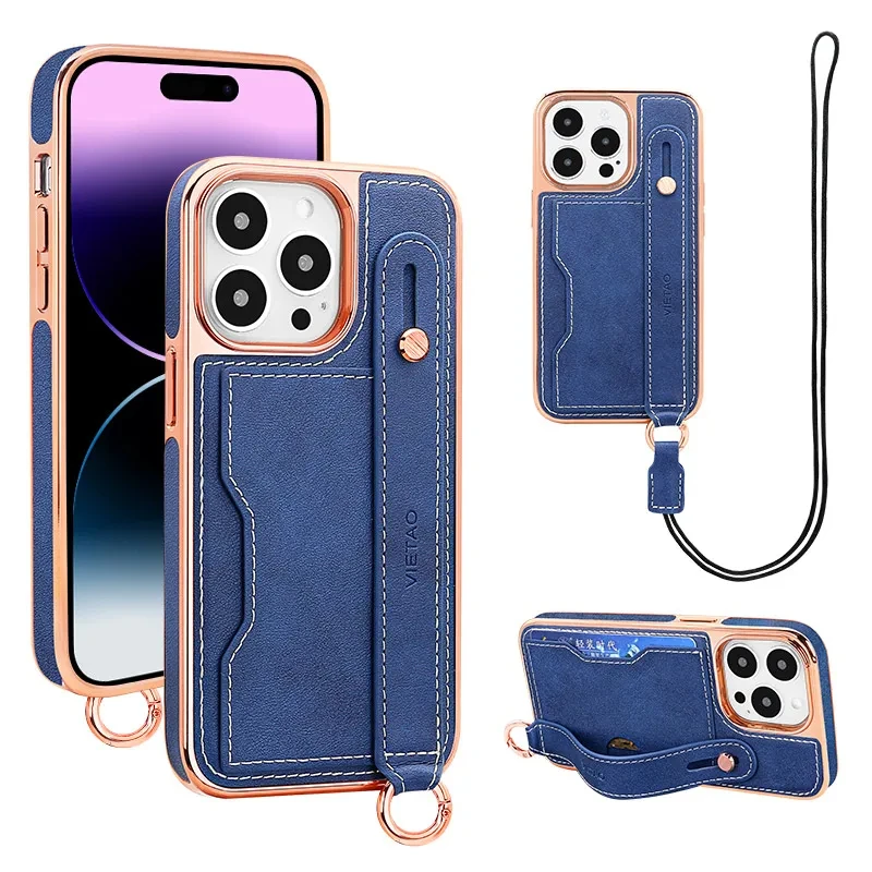 

Suitable for iPhone14plus Wristbandphone Case13promax Lanyard Card Bracket 12pro All-inclusive Electroplating 11 Leather Cover