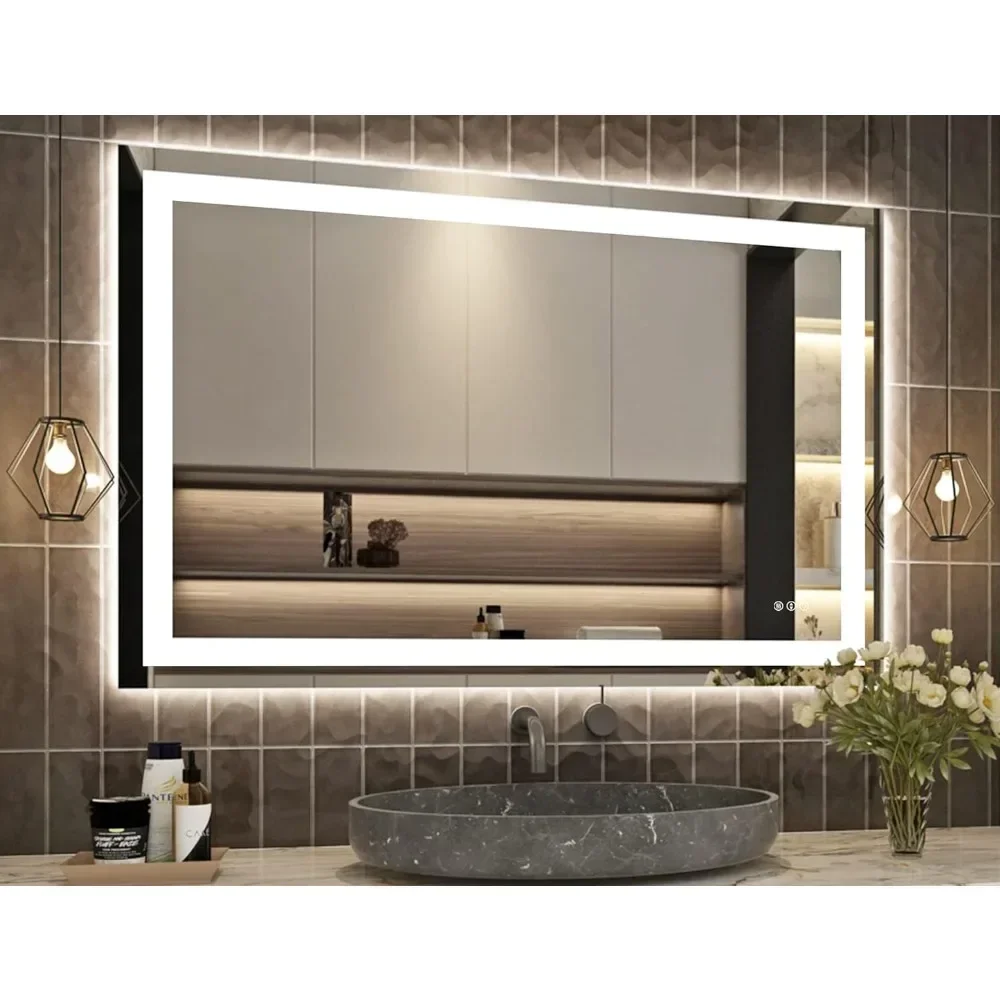 48''x32'' with Front + Backlit with Lights Anti-Fog, 3 Colors with Dimmable Bathroom Vanity Mirror Shatterproof