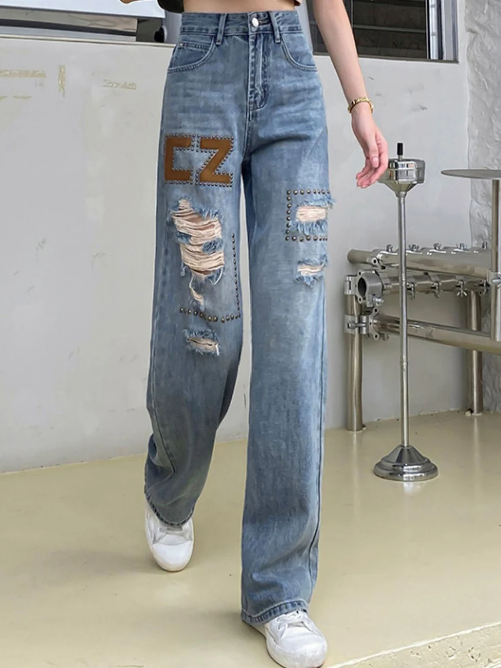 2023 New Hole Fashion Wide Leg Pants Jeans CZ willow nail design drape loose straight mopping Cut Out Denim Trouser