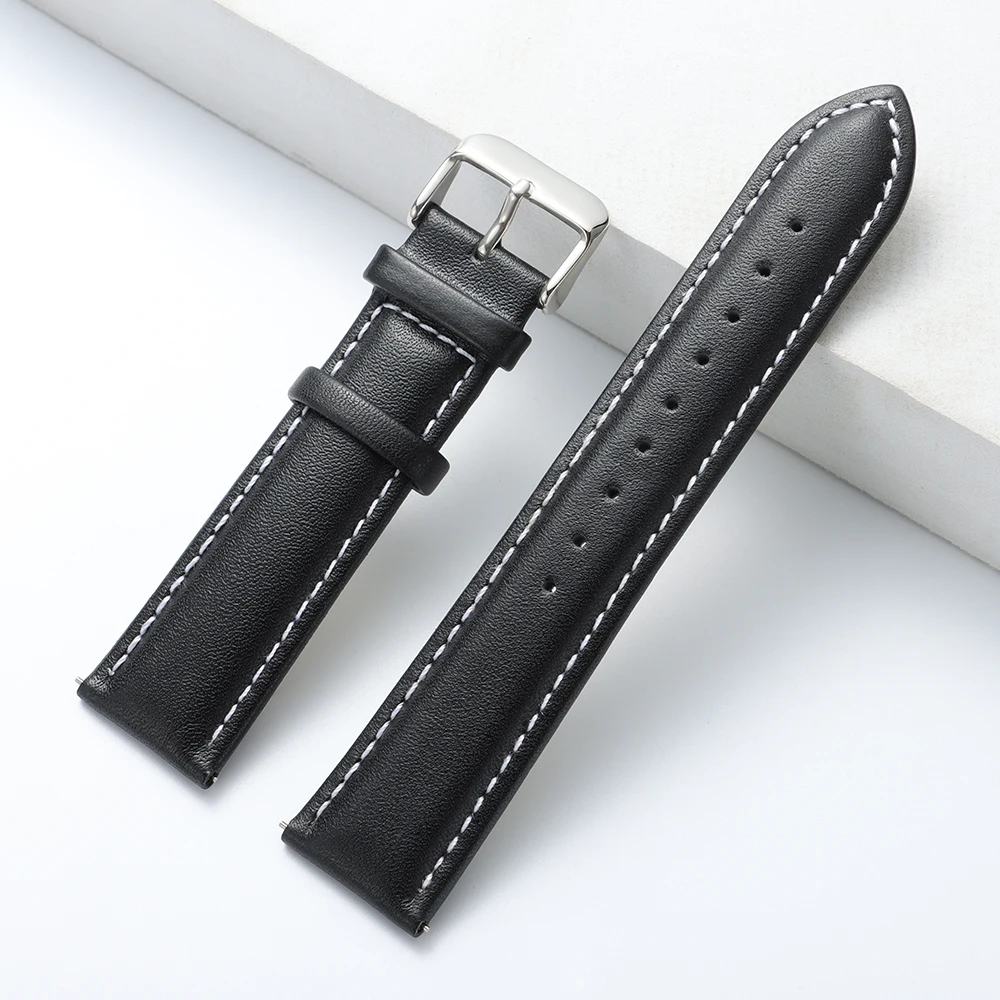 Premium Calfskin Leather Watch Band with Stainless Steel Buckle