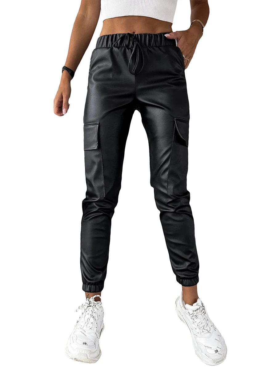 

Women Artificial PU Jogging Pants Fashionable High Waisted Flap Pockets with Drawstring Waist Closure Leather Pants Leggings