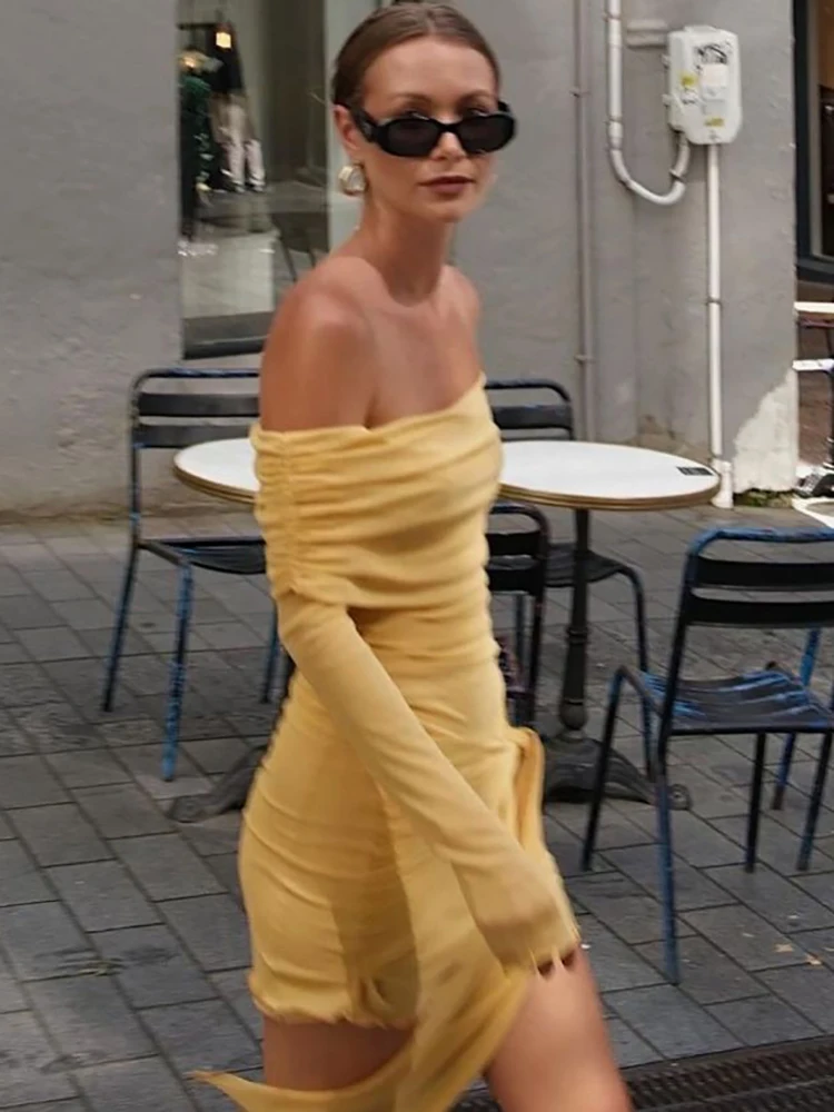 JULISSA MO Sexy Off Shoulder Bandage Women Dress Long Sleeve High Waist Ruched Dress Female Summer Skinny Elegant Prty Clubwear