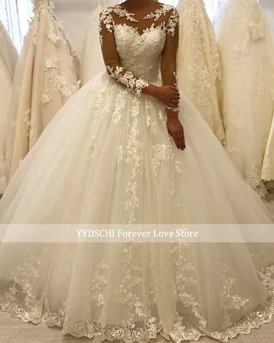 Wunderschöne elfenbeinfarbene A-Linien-Brautkleider mit langen Ärmeln 2026, Spitzenapplikationen, O-Ausschnitt, Schnürkorsett am Rücken, Brautkleider, Vestido De Noiva – Detail 3