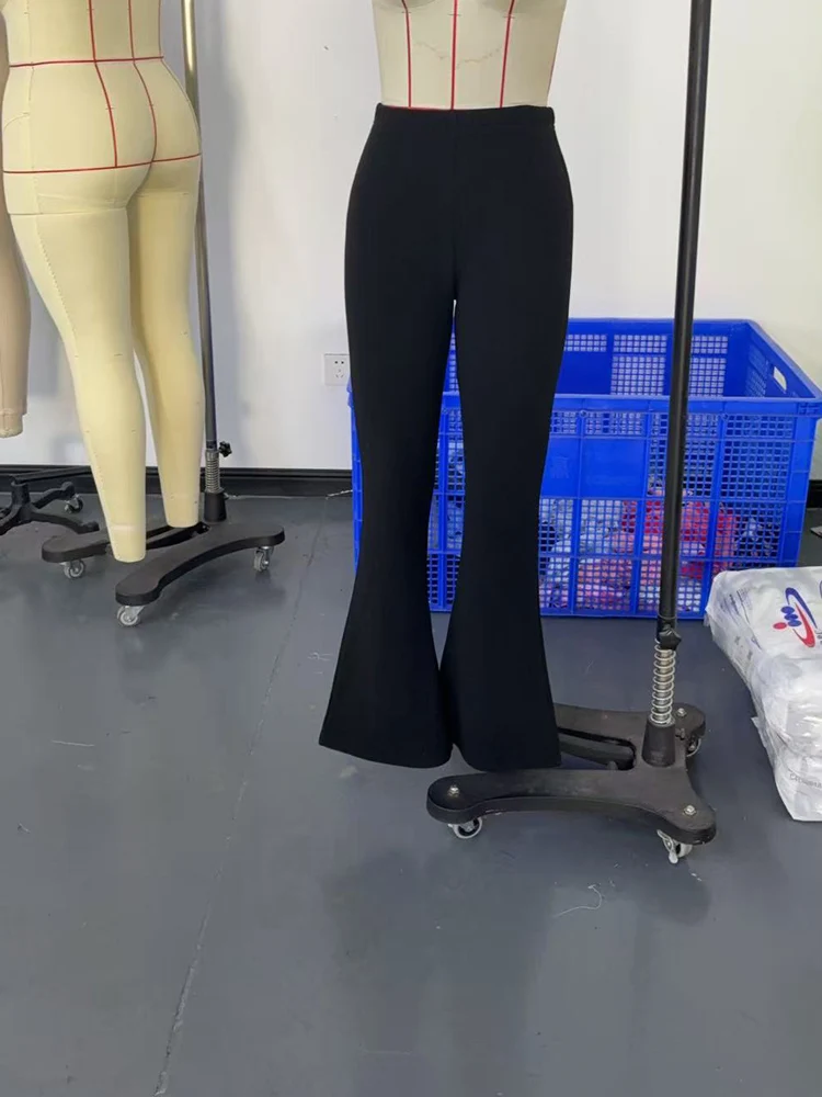 Women Black White Plaid Wide Leg Elastic Waist Vintage Flare Trousers