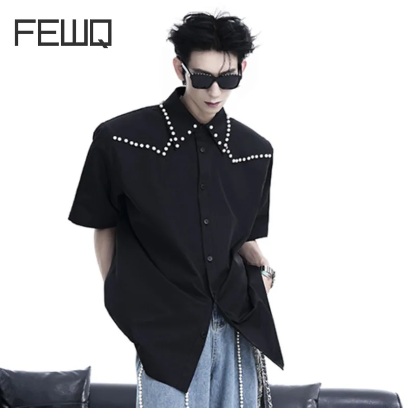 

FEWQ Casual Shirts Men's Summer Looes Solid Color Niche Design Pearl Shoulder Pad Short Sleeve Senior Sense Simple Style 24X9088