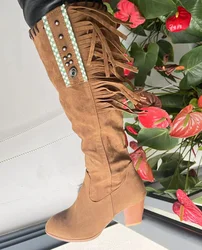 Women Winter High Boots Trend Retro Metal Buckle Pointed Toe Thick Heel Tassle Western Cowboy Boots Female Shoes Botas De Mujer