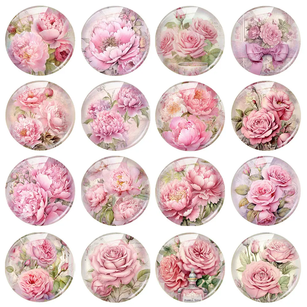 Elegant Handmade Pink Rose and Peony Glass Cabochon