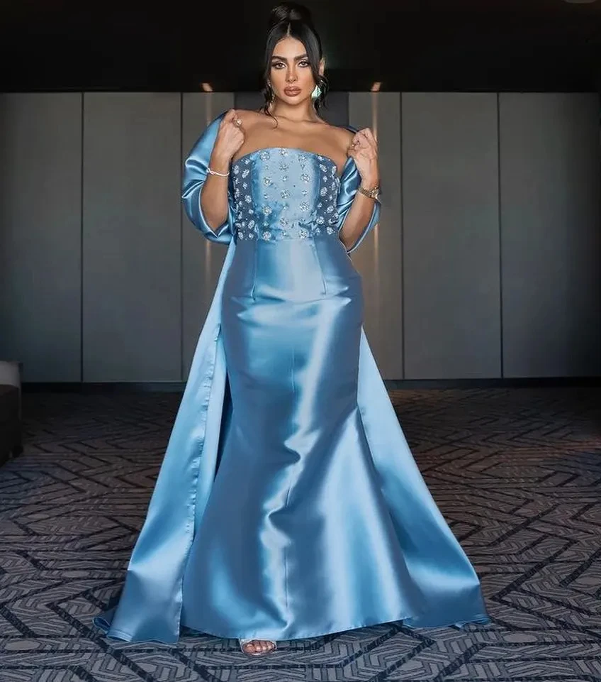

Fairytale Sky Blue Evening Dresses Mermaid Sleeveless Prom Dresses with Crape Strapless Backless Beads Floor Length Formal Party