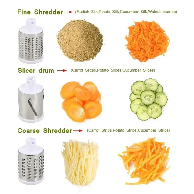 Vegetable Cutter & Slicer Manual Kitchen Cheese Chopper Machine With 3 Sharp Drums Multifunctional Garlic Potato Shredder - Image 2