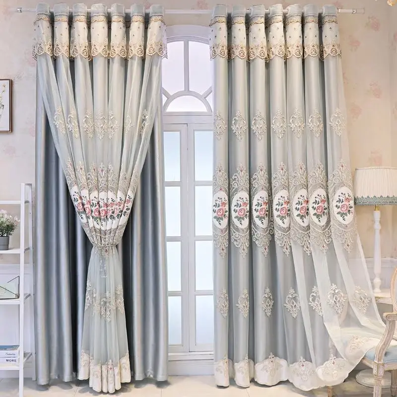 2025 New European Cloth Curtain+Voile Curtains Double Layered Window Curtain Embroidered Pink Flowers Blackout Drapes Home Decor 6
