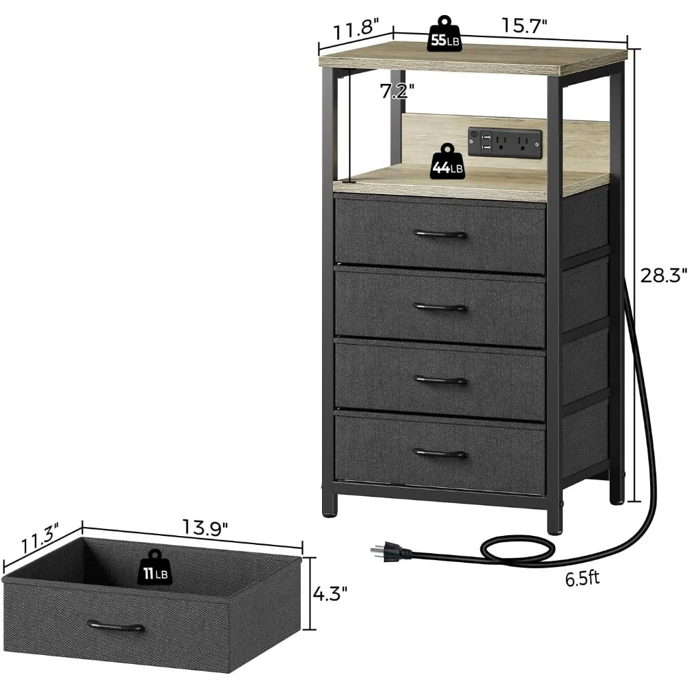 Nightstand with Charging Station, Bedside Table with LED Lights, Side Table with Fabric Drawers, Tier Storage Night Stand Table 3
