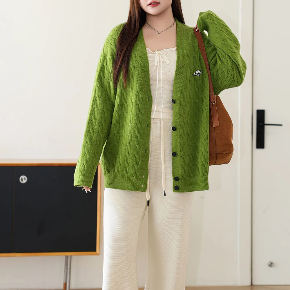 Plus Size Women's Sweaters Cardigan Premium Loose V-neck Twist Embroidered Coat Casual Jumpers Fall Winter 2025