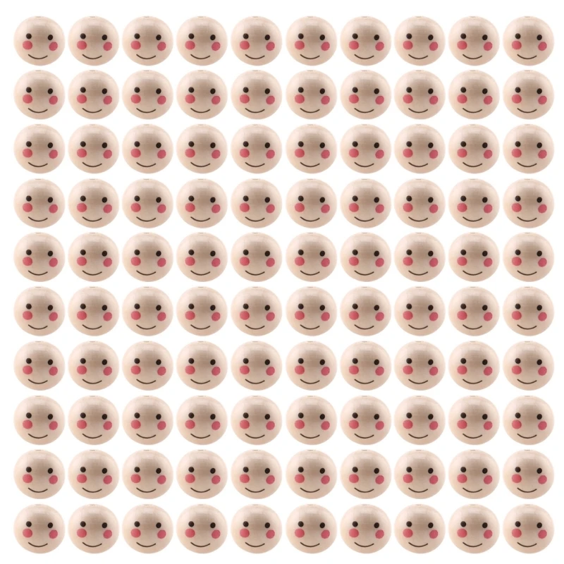 

100pcs Round Wooden Head Beads for Bracelets Necklace Craft Smiling Face 264E
