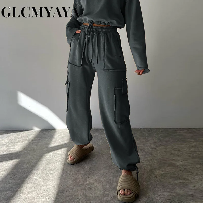 

GLCMYAYA Women Streetwear Multi-pocket LOOSE Solid Draw String Bandage Cargo Pants 2023 Fashion Causal Simple Sporty Pants