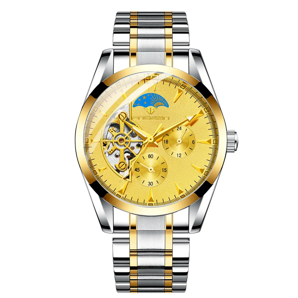 

Fashio Sun Moon Stars Three Eyes Hollowed Out Automatic Mechanical Watch Waterproof Stainless Strap Wrist Watches for Men