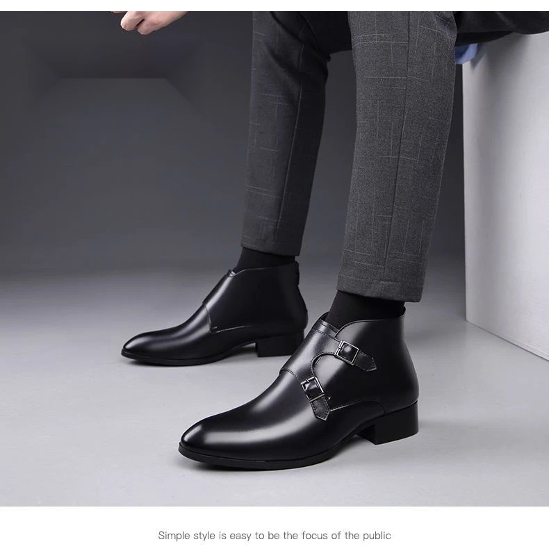 Genuine men's short boots, winter plush insulation, pointed high top leather shoes, British style_voghion.com
