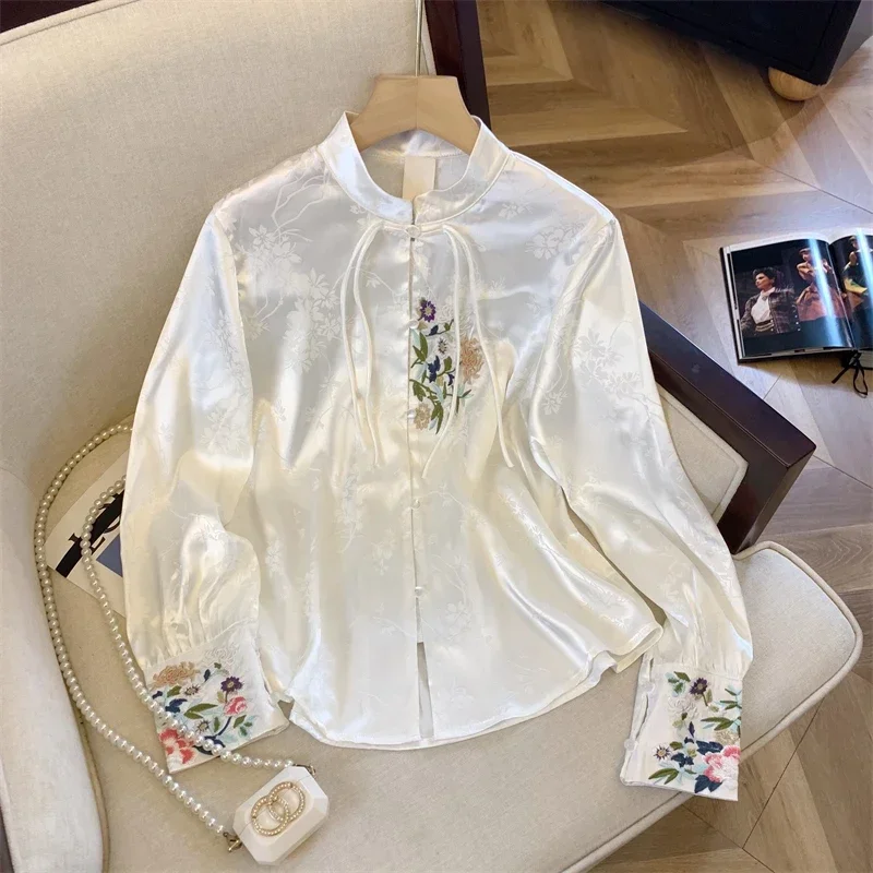 Satin Women's Shirts Spring/Summer Chinese Style Embroidery Blouses Loose Fashion Long Sleeves Vintage Women Tops 2024 Korean