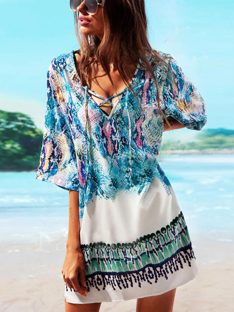 Bathing Suit Beach Caftan Swimsuit Cover up Print Chiffon Pareo Women Robe Plage Swimwear Dress Sexy Sarong Beach Tunic #Q152 beach cover