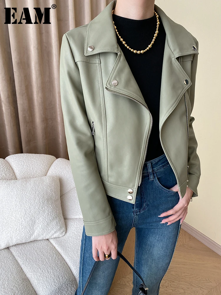 

[EAM] Loose Fit Green PU Leather Big Size Casual Jacket New Lapel Long Sleeve Women Coat Fashion Tide Spring Autumn 2023 1DH0884