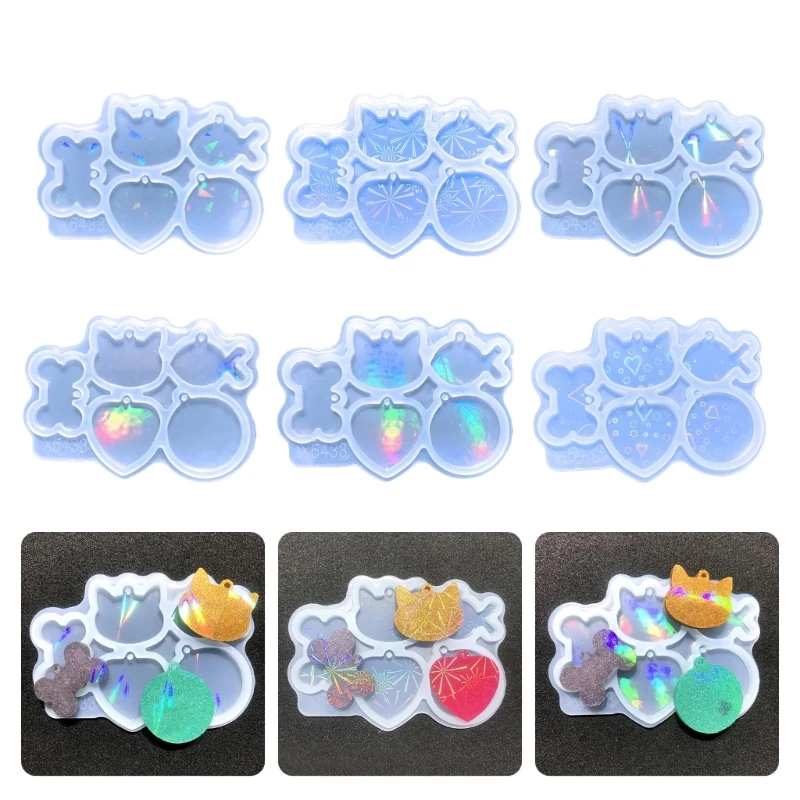 DIY Holographic Pets Charm Silicone Mold Light and Shadow Heart Bone Cat Animal Tags Pendant Keychain Crystal Epoxy Resin Mold silicone holographic pendant mold rainbow light effect snowflake keychain pendant resin mold christmas charm mold dropship