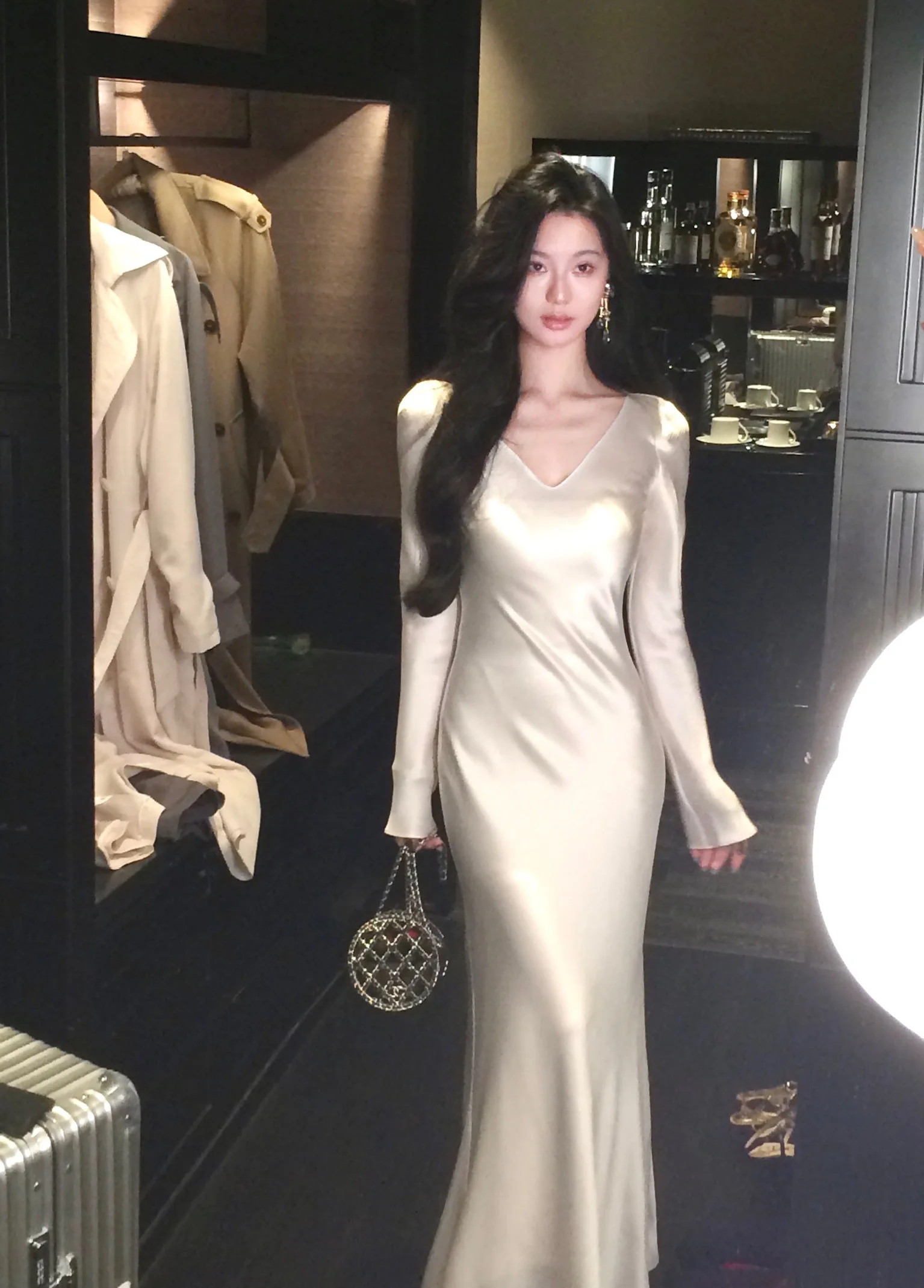 Vestidos largos de satén de otoño para mujer, vestido de fiesta de noche para boda, vestido de graduación, vestido de sirena de una pieza con cuello en V y mangas largas