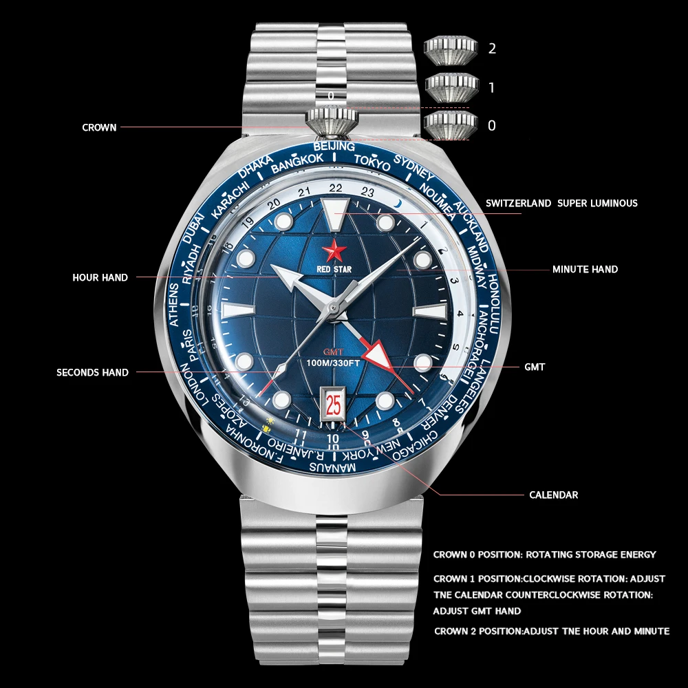 GMT4 42mm orologi da polso impermeabili Super luminosi 10Bar